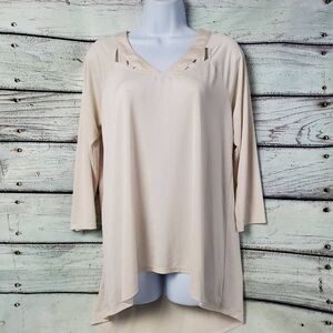 Cato Women’s Beige V-Neck High-Low Tunic Top M 3/4 Sleeve Crisscross Neck Stretc